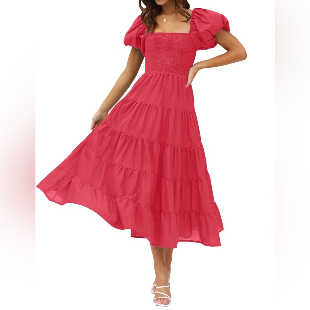 ZESICA SQUARE NECK SMOCKED A LINE TIERED MIDI DRESS-NWT